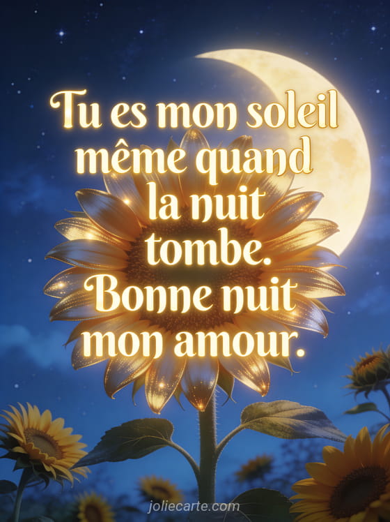 Tournesol lumineux brillant dans la nuit étoilée avec d'autres tournesols endormis et le texte Bonne nuit mon amour