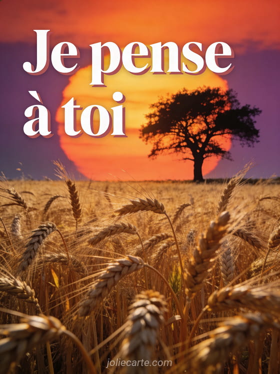 Coucher de soleil flamboyant à travers un champ de blé doré avec arbre solitaire et le texte Je pense à toi
