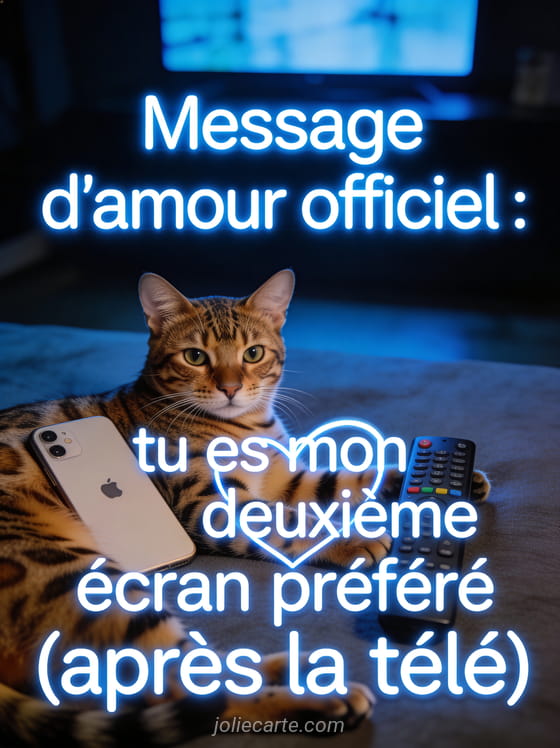 Chat Bengal allongé entre un téléphone et une télécommande formant un cœur avec lumière bleutée et le texte Tu es mon deuxième écran préféré