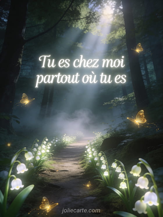 Sentier de forêt enchantée bordé de muguet luminescent avec lucioles et brume et le texte Tu es chez moi partout où tu es