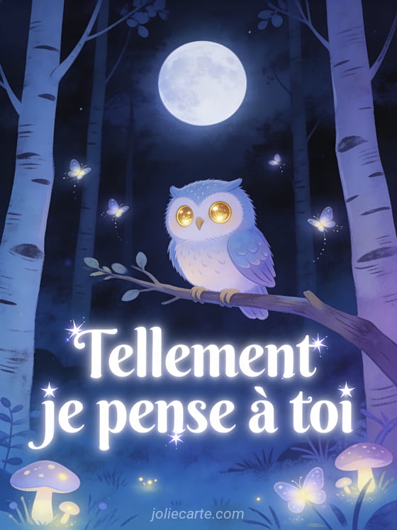 Hibou aux grands yeux dorés perché sur une branche sous la pleine lune avec lucioles et bouleaux et le texte Tellement je pense à toi