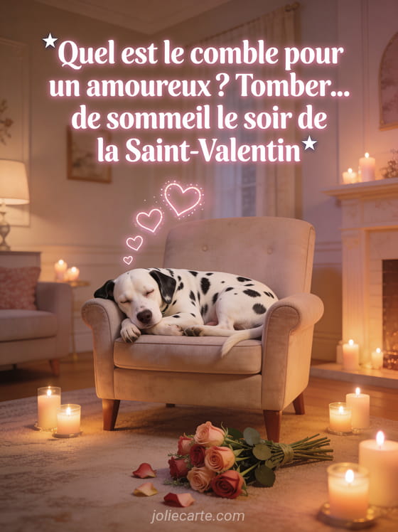 Chien dalmatien endormi dans un fauteuil avec un bouquet de roses tombé à côté et bougies presque éteintes avec le texte Le comble pour un amoureux tomber de sommeil