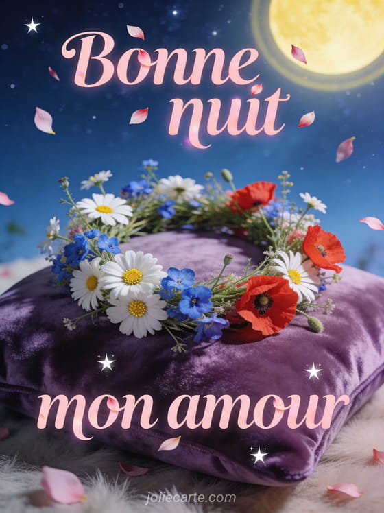 Couronne de marguerites bleuets et coquelicots sur un coussin sous un ciel étoilé et le texte Bonne nuit mon amour