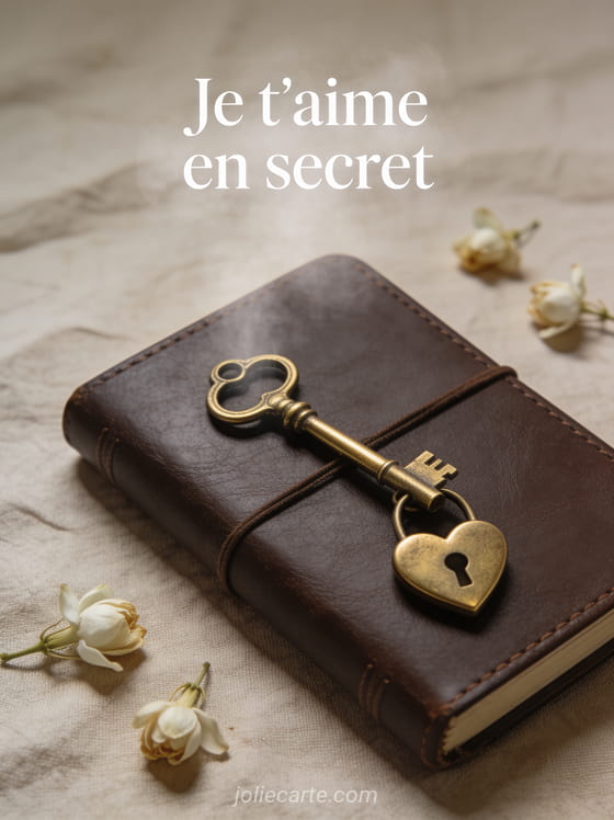 Clé dorée et cahier en cuir avec cadenas cœur et jasmin séché sur lin avec le texte Je t'aime en secret