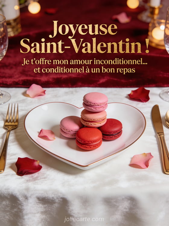 Assiette gastronomique en forme de cœur avec macarons roses et rouges pétales de rose et couverts dorés avec le texte Amour conditionnel à un bon repas