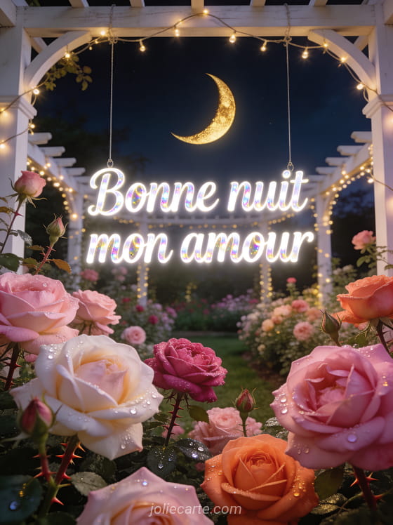 Jardin de roses anglaises roses sous un croissant de lune doré avec pergola et guirlandes et le texte Bonne nuit