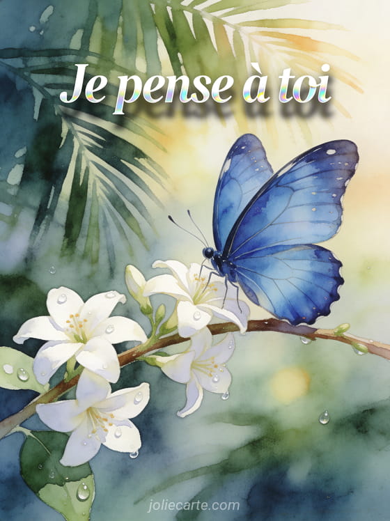 Papillon bleu morpho posé sur une branche de jasmin étoilé blanc en aquarelle avec fond tropical et le texte Je pense à toi