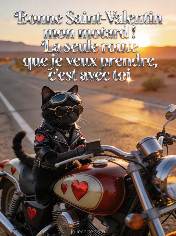 Chat noir en blouson de cuir et lunettes d'aviateur sur une moto vintage décorée de cœurs au coucher de soleil avec le texte Bonne Saint-Valentin mon motard