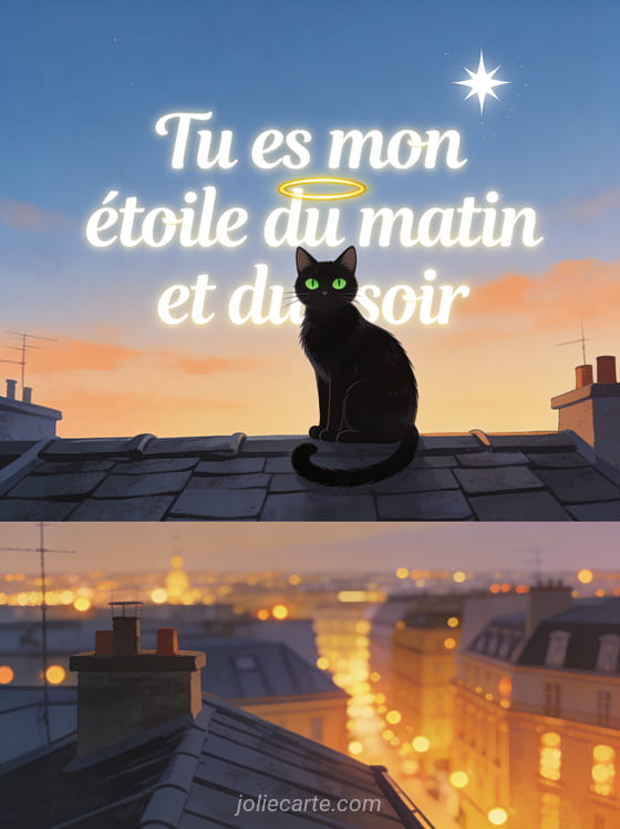 Chat noir aux yeux verts assis sur un toit d'ardoise avec étoile brillante au crépuscule et toits de ville et le texte Tu es mon étoile