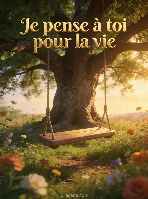 Grand arbre avec cœurs gravés dans l'écorce et balançoire en bois dans une prairie fleurie et le texte Je pense à toi pour la vie
