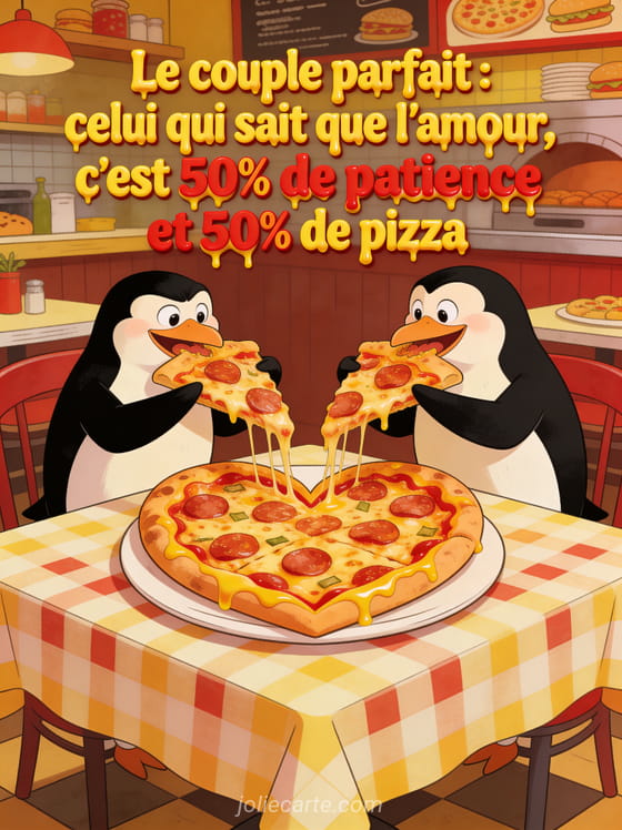 Deux manchots empereurs partageant une pizza géante en forme de cœur sur une nappe à carreaux dans une pizzeria avec le texte 50 pourcent patience 50 pourcent pizza