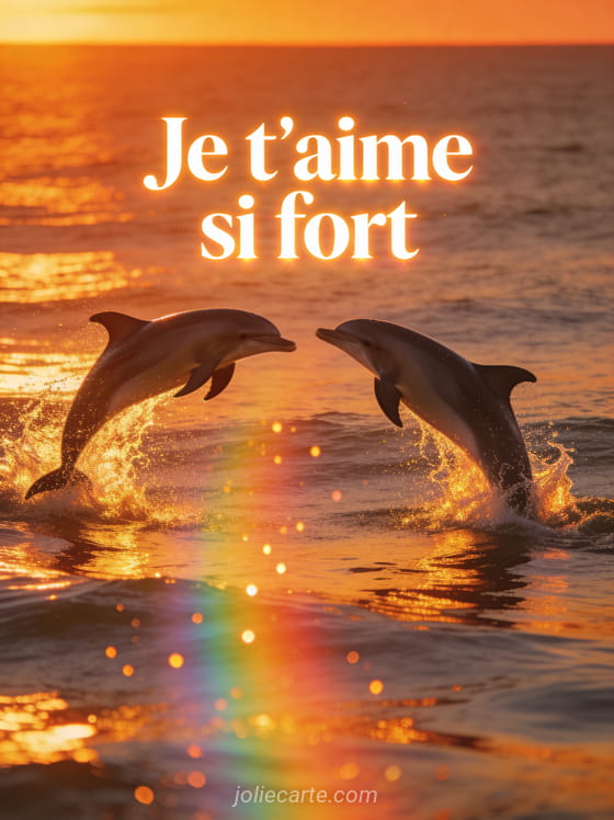 Deux dauphins sautant hors de l'eau au coucher du soleil avec éclaboussures dorées et le texte Je t'aime si fort