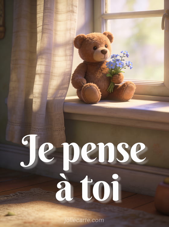 Ours en peluche brun vintage sur le rebord d'une fenêtre avec bouquet de myosotis et rideaux en lin et le texte Je pense à toi