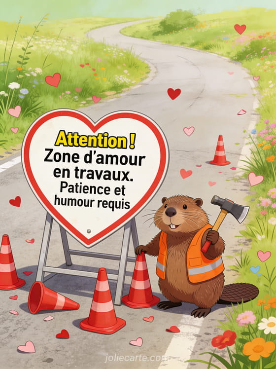 Panneau de chantier en forme de cœur avec un castor en gilet orange et cônes de signalisation avec le texte Zone d'amour en travaux patience et humour requis