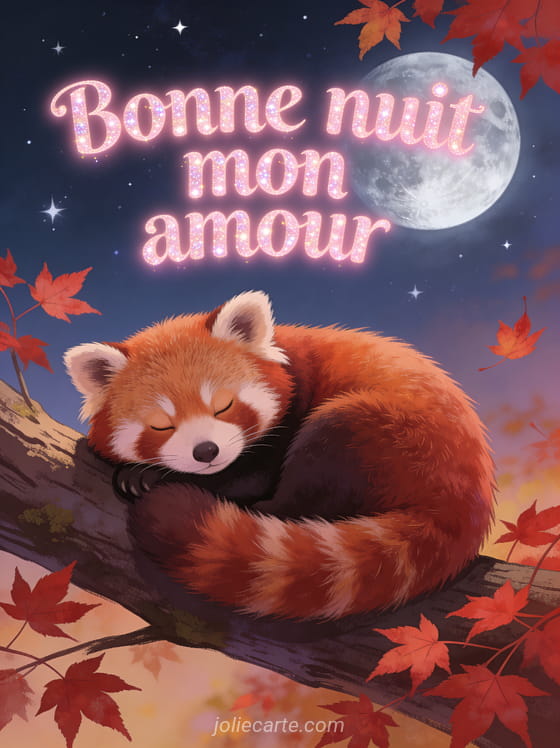 Panda roux endormi enroulé dans sa queue sur une branche avec feuilles d'érable et ciel étoilé et le texte Bonne nuit