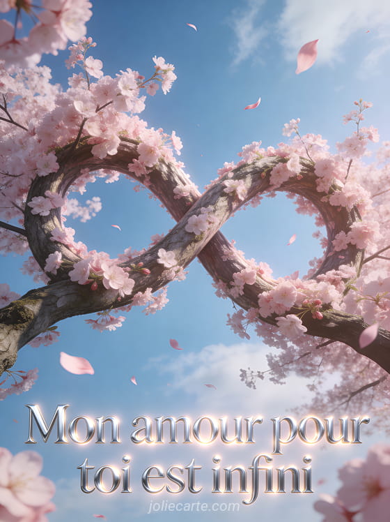 Symbole infini formé par des branches de cerisier en fleurs roses sur fond de ciel bleu avec pétales dansants et le texte Mon amour est infini