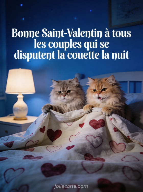 Deux chats persans sous une couette à motifs de cœurs se disputant le tissu avec lampe de chevet et le texte Tous les couples qui se disputent la couette