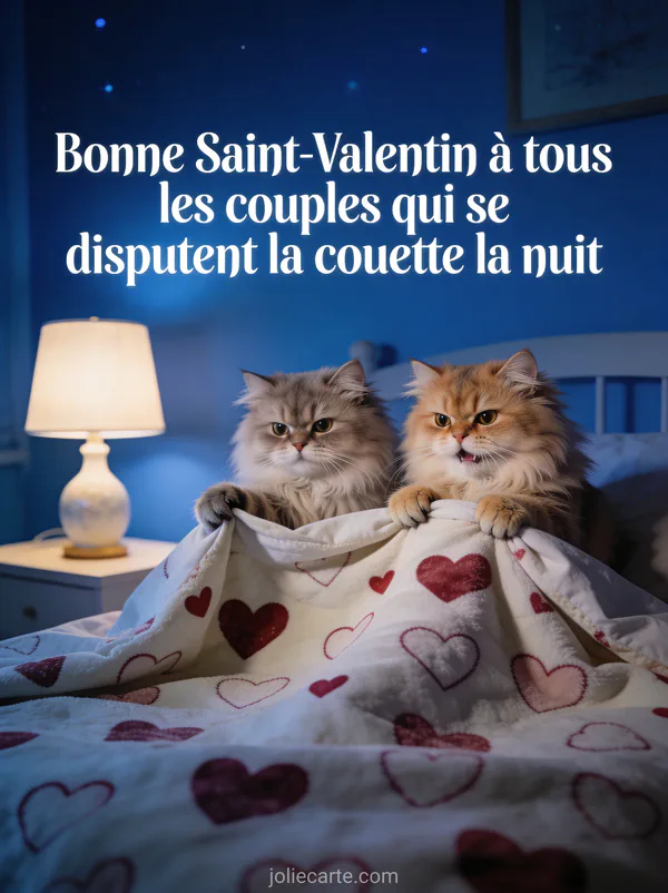 Deux chats persans sous une couette à motifs de cœurs se disputant le tissu avec lampe de chevet et le texte Tous les couples qui se disputent la couette