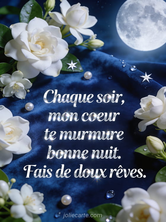 Gardénias blancs et jasmin étoilé sur velours bleu nuit avec rosée et lumière de lune et le texte Bonne nuit
