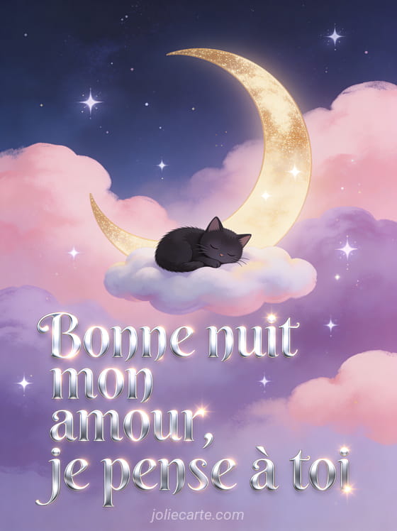 Petit chat noir endormi sur un nuage avec croissant de lune doré et étoiles et le texte Bonne nuit mon amour je pense à toi