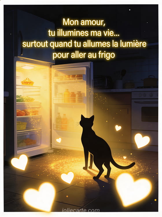 Silhouette de chat devant un réfrigérateur ouvert projetant une lumière dorée avec cœurs lumineux et le texte Tu illumines ma vie surtout quand tu vas au frigo