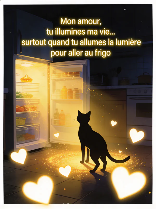 Silhouette de chat devant un réfrigérateur ouvert projetant une lumière dorée avec cœurs lumineux et le texte Tu illumines ma vie surtout quand tu vas au frigo