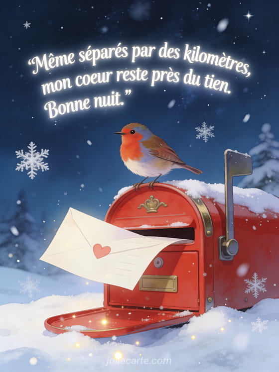 Rouge-gorge sur une boîte aux lettres rouge dans la neige avec une lettre d'amour sous un ciel étoilé et le texte Bonne nuit