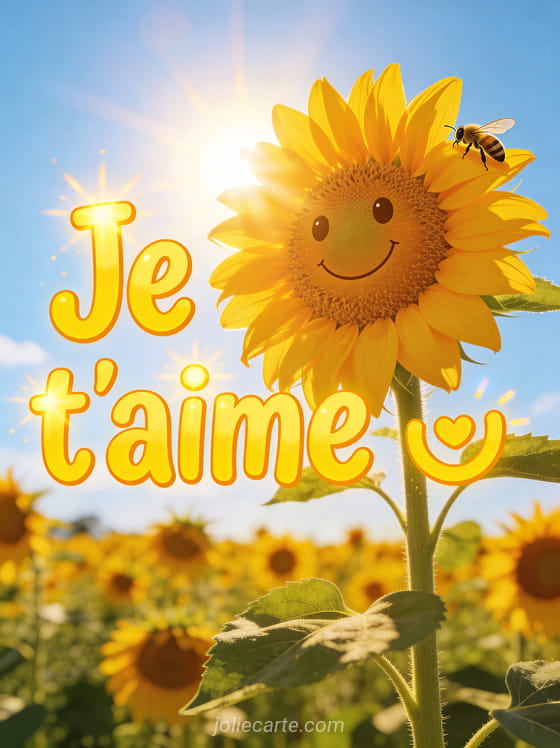 Grand tournesol souriant dans un champ ensoleillé avec une abeille et le texte Je t'aime accompagné d'un smiley