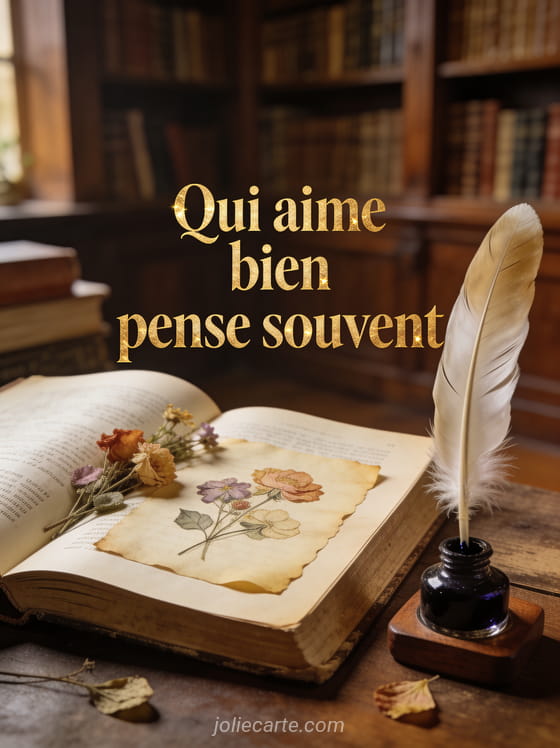 Vieux livre ouvert avec fleurs séchées pressées plume d'oie et encrier et le texte Qui aime bien pense souvent