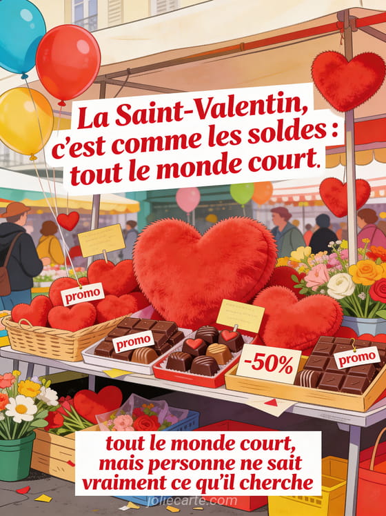 Étal de marché avec cœurs en peluche ballons et chocolats avec étiquettes promo et le texte La Saint-Valentin c'est comme les soldes