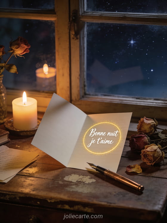 Lettre d'amour ouverte sur un bureau ancien avec stylo plume roses séchées et bougie et le texte Bonne nuit mon amour