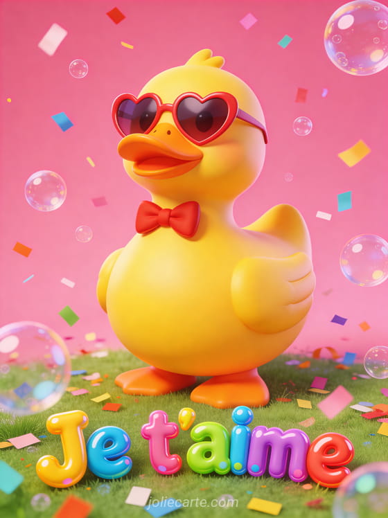 Canard en caoutchouc géant avec nœud papillon rouge et lunettes cœur avec confettis et bulles et le texte Je t'aime