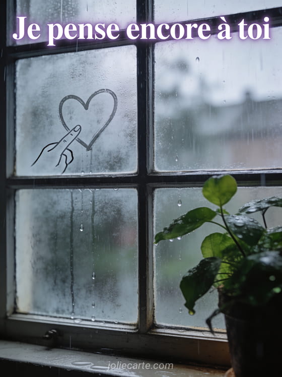 Fenêtre à carreaux embuée avec cœur dessiné du doigt et gouttes de pluie et le texte Je pense encore à toi
