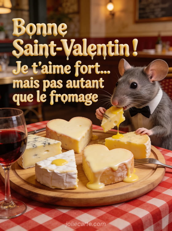 Souris grise en nœud papillon dégustant un plateau de fromages en forme de cœur avec un verre de vin et le texte Je t'aime mais pas autant que le fromage