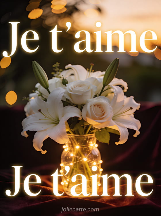 Bouquet de lys blancs et roses dans un vase en verre avec guirlande lumineuse et bokeh doré et le texte Je t'aime
