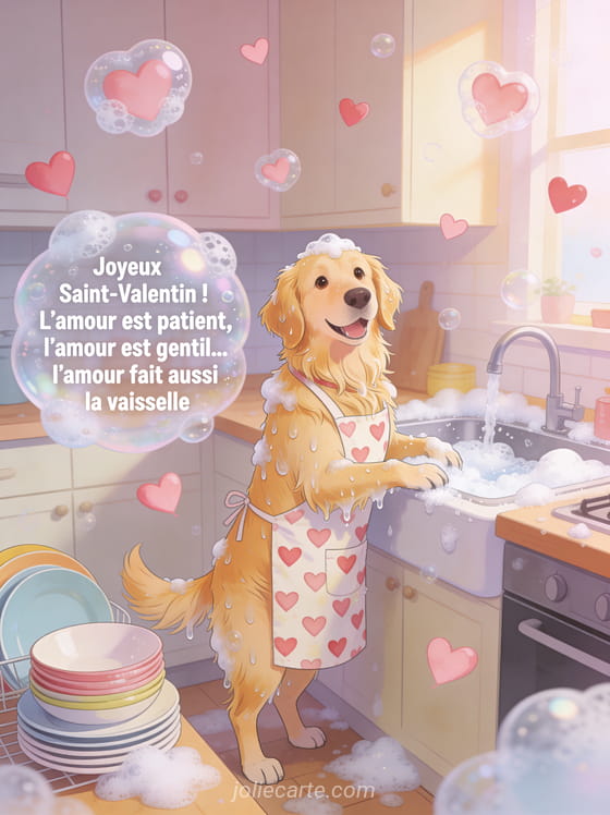 Chien golden retriever trempé en tablier à cœurs devant un évier avec bulles de savon en forme de cœurs et le texte L'amour fait aussi la vaisselle