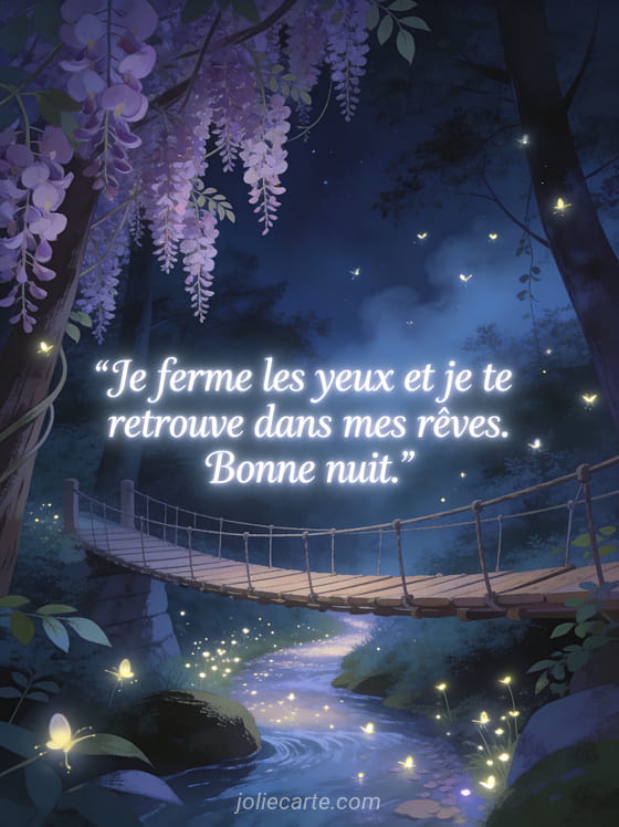 Pont de bois dans une forêt enchantée avec lucioles glycines et brume et le texte Bonne nuit d'amour à distance