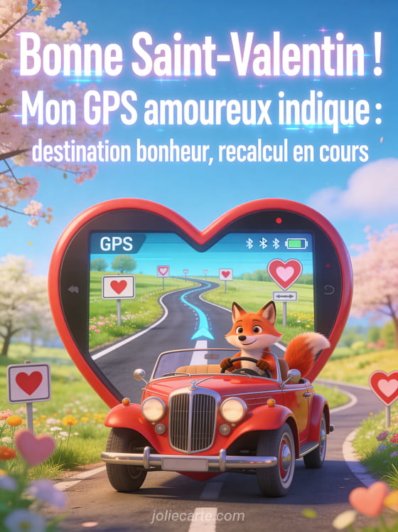 Renard au volant d'une voiture vintage rouge avec un GPS en forme de cœur sur une route de campagne et le texte Destination bonheur recalcul en cours