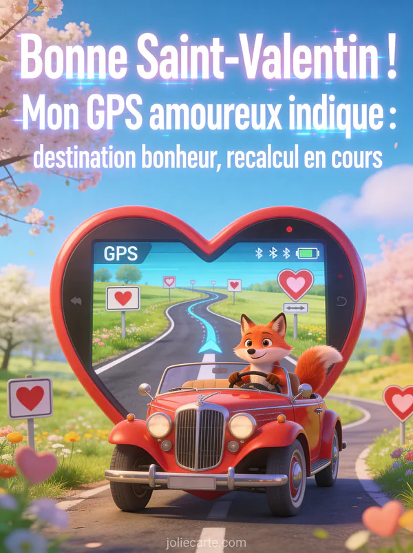 Renard au volant d'une voiture vintage rouge avec un GPS en forme de cœur sur une route de campagne et le texte Destination bonheur recalcul en cours