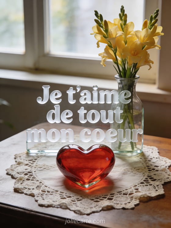 Grand coeur rouge en verre soufflé posé sur un napperon en dentelle avec freesias jaunes et le texte Je t'aime de tout mon coeur