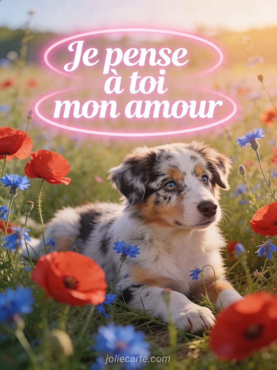 Berger australien aux yeux vairons dans un champ de coquelicots et bleuets avec lumière dorée et le texte Je pense à toi mon amour
