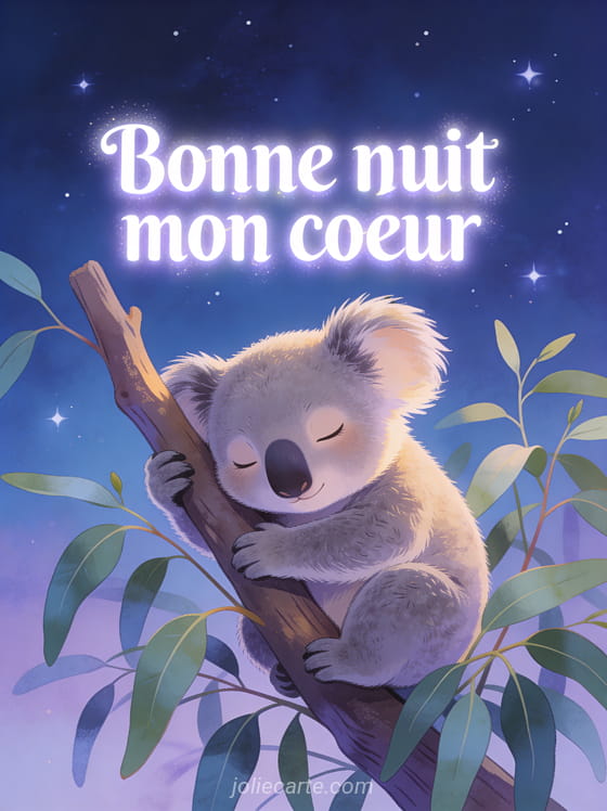 Petit koala agrippé à une branche d'eucalyptus les yeux mi-clos sous un ciel étoilé et le texte Bonne nuit mon cœur