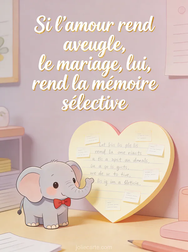 Éléphant miniature avec nœud papillon rouge à côté d'un post-it géant en forme de cœur couvert de rappels et le texte Le mariage rend la mémoire sélective