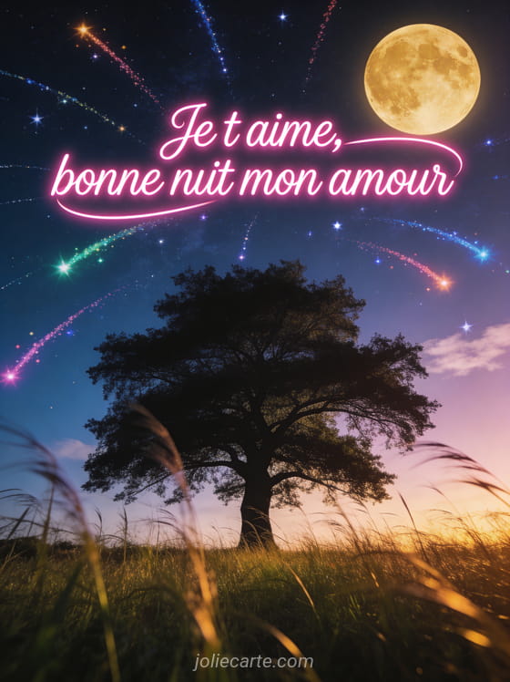 Texte Je t'aime bonne nuit mon amour en lettres néon roses sous un ciel étoilé avec lune dorée et silhouette d'arbre