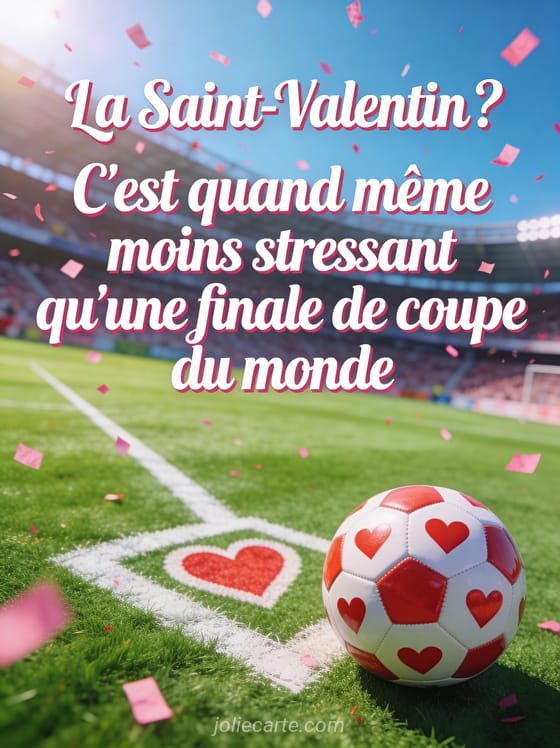 Ballon de foot décoré de cœurs rouges sur un terrain avec ligne en forme de cœur et confettis roses avec le texte Moins stressant qu'une finale