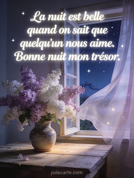 Bouquet de lilas mauves et blancs dans un vase près d'une fenêtre ouverte avec ciel étoilé et le texte Bonne nuit
