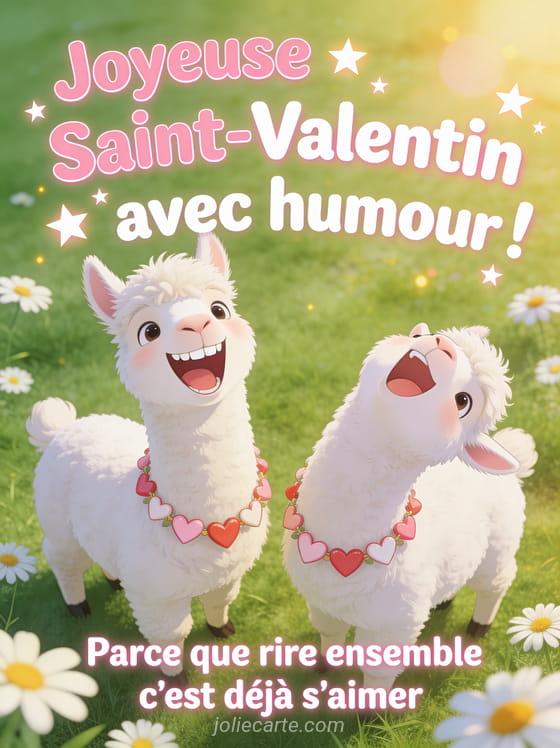 Deux lamas blancs côte à côte avec guirlande de cœurs l'un souriant l'autre riant dans une prairie ensoleillée avec le texte Rire ensemble c'est déjà s'aimer