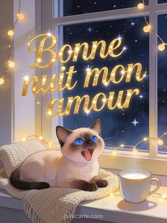 Chat siamois aux yeux bleus bâillant sur un rebord de fenêtre avec guirlande lumineuse et ciel étoilé et le texte Bonne nuit