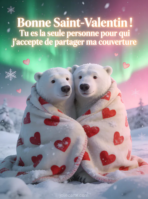 Deux ours polaires enveloppés dans une couverture à cœurs devant une aurore boréale avec flocons et le texte Tu es la seule personne pour qui je partage ma couverture