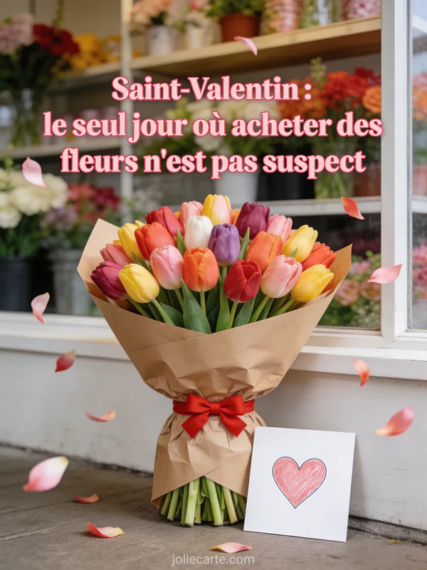 Bouquet de tulipes colorées dans du papier kraft avec carte à cœur et le texte Le seul jour où acheter des fleurs n'est pas suspect